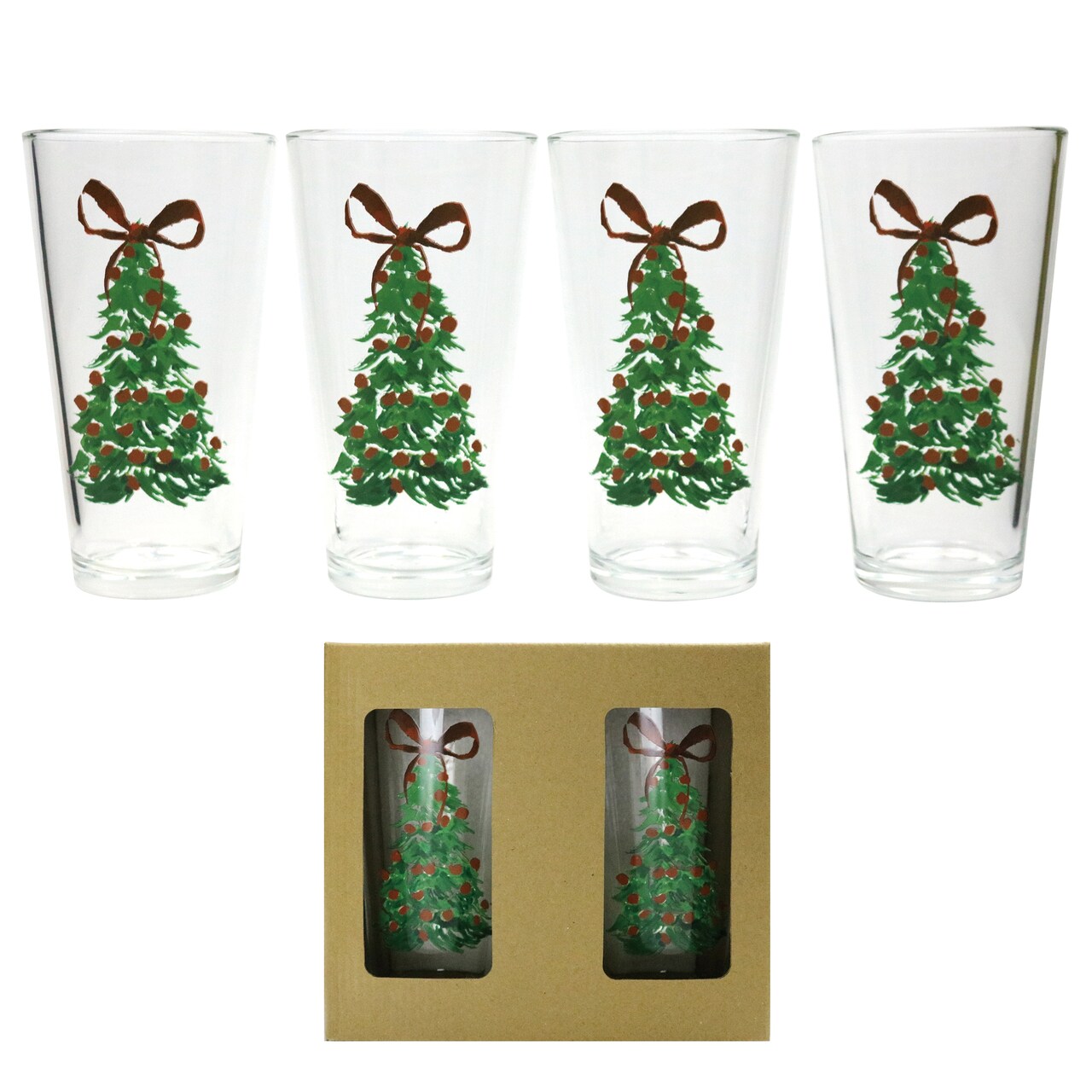Holiday Tree Glass Tumblers Set of 4 Multicolor for Christmas